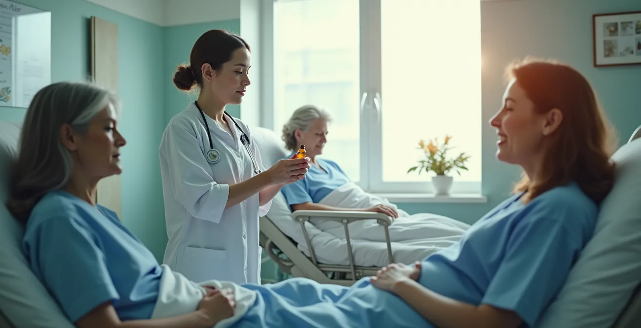Photographie réaliste de patients et personnel soignant dans un hôpital, ambiance calme et apaisante avec éclairage doux et textures naturelles sans éléments de texte