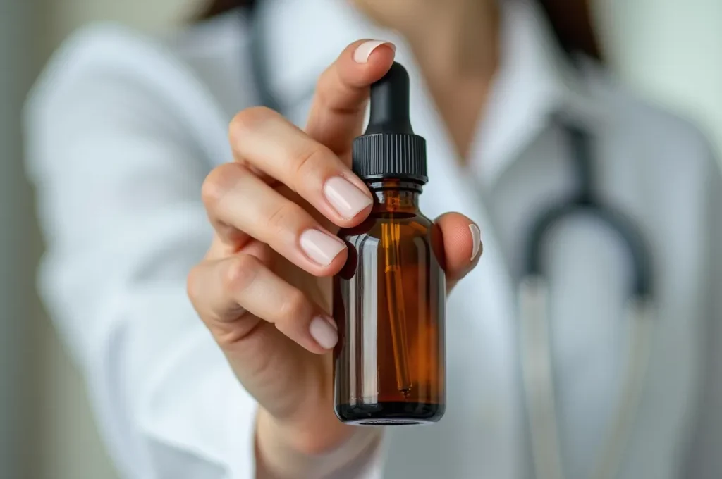 Gros plan sur une main manipulant une bouteille d'huile essentielle avec une pipette de dosage précis dans un environnement clinique