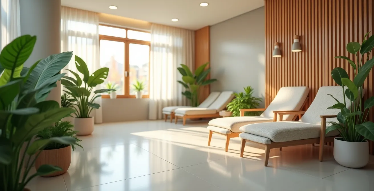 Vue intérieure d'un établissement hospitalier moderne avec espace détente apaisant et plantes, illustrant l'amélioration de l'ambiance