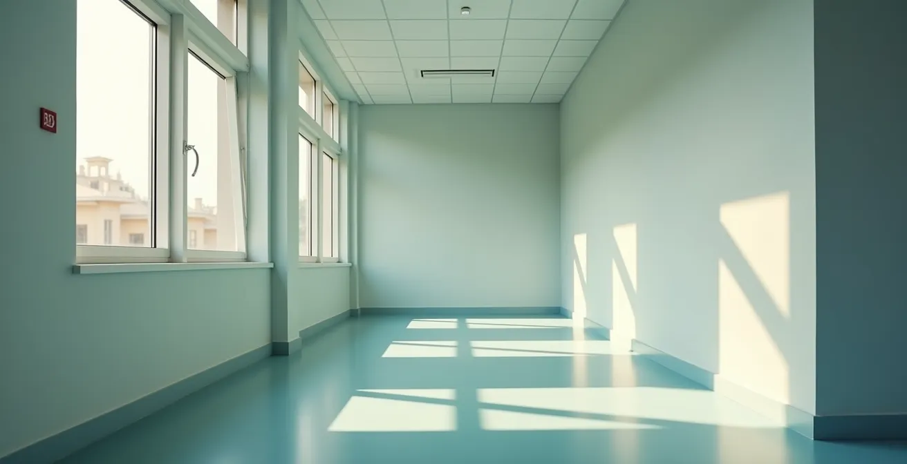 Long couloir d'hôpital avec lumière naturelle créant une atmosphère apaisante