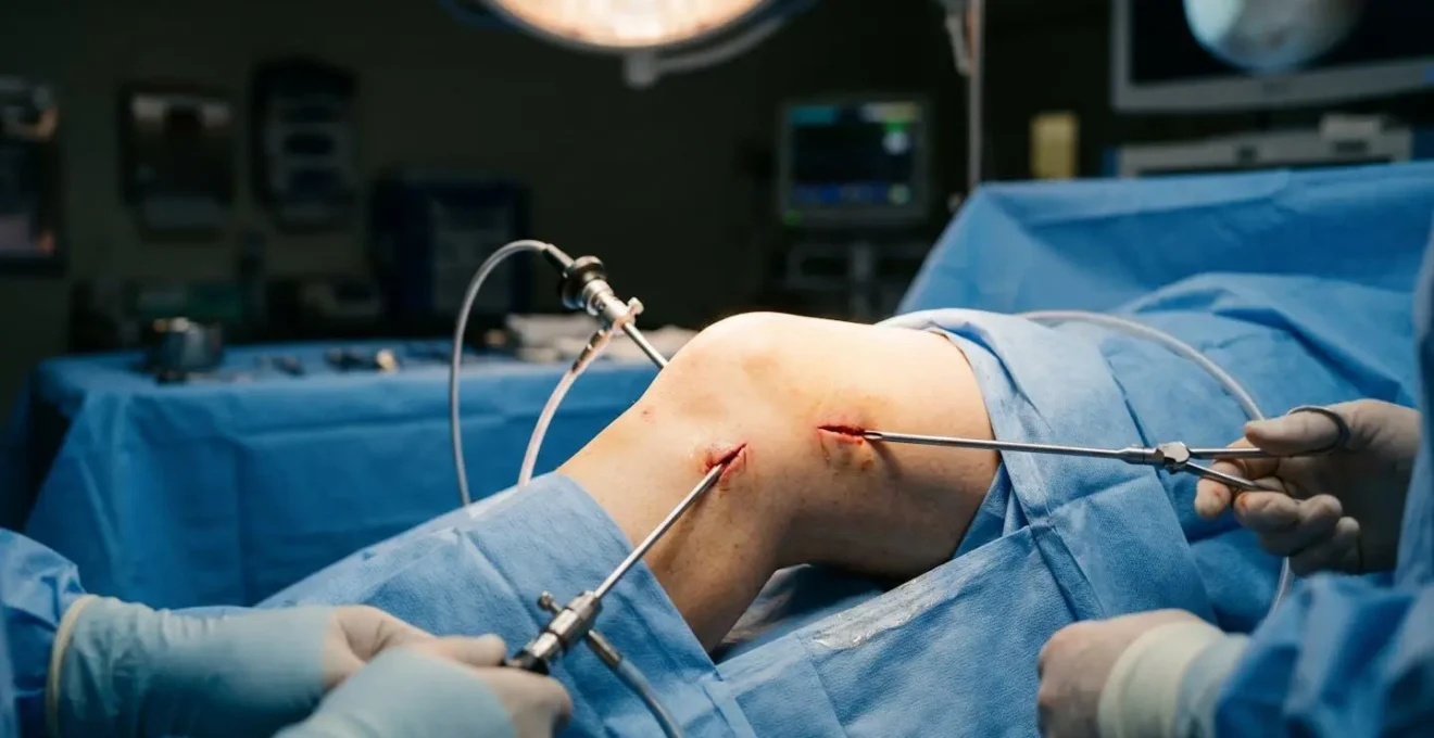 Vue rapprochée d'une intervention arthroscopique du genou, instruments fins introduits dans l'articulation, éclairage chirurgical tamisé