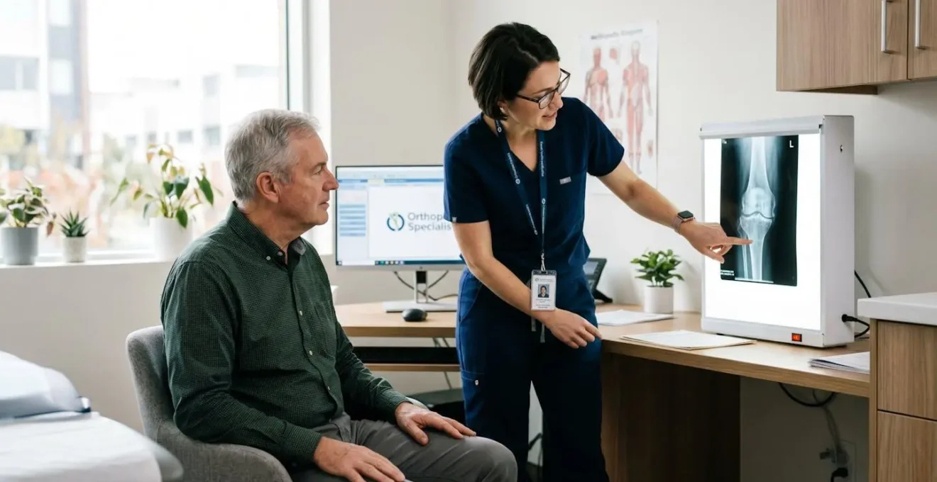 Chirurgien orthopédiste montrant une radiographie du genou à un patient assis en consultation, bureau médical épuré, lumière naturelle