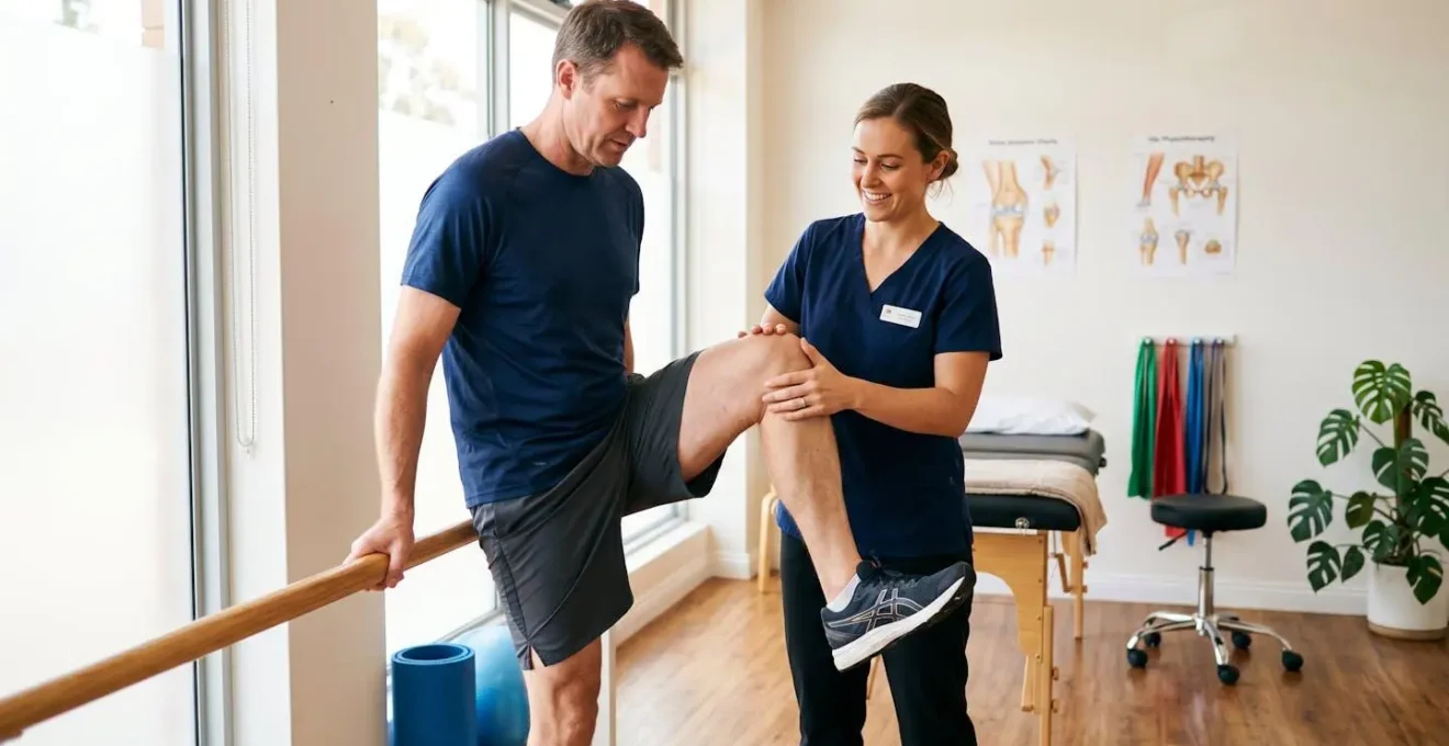 Patient debout en salle de rééducation, kinésithérapeute guidant un exercice de flexion du genou opéré, environnement clinique lumineux